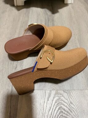 Rothy's Tan Knit Mule Clogs with Gold Buckle